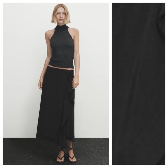 NWT. Massimo Dutti Black Viscose Blend Flowing Wrap Midi Skirt. Size M.
